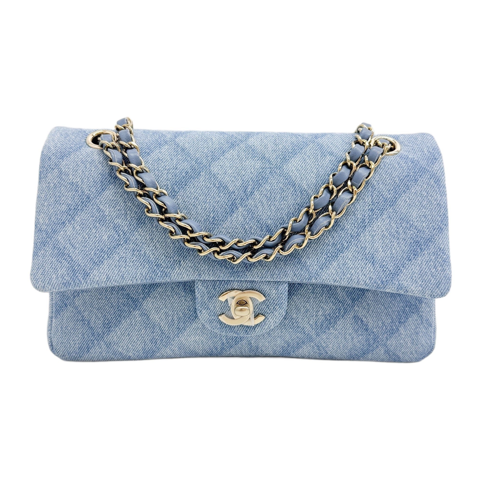 Medium Double Classic Flap 2021-2026 Matelasse Shadow Baby Blue Denim Shoulder Bag