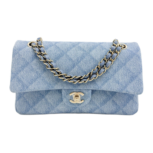 Medium Double Classic Flap 2021-2026 Matelasse Shadow Baby Blue Denim Shoulder Bag