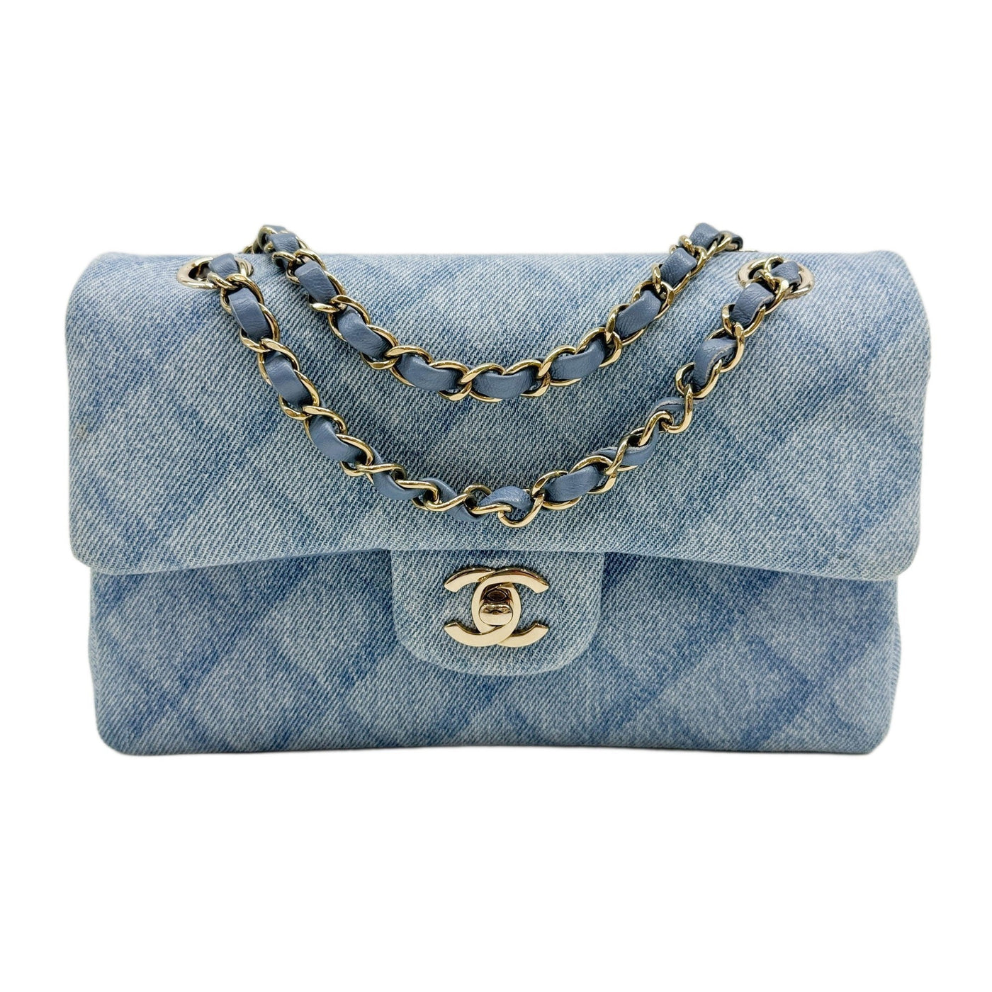 Small Classic Double Flap 2021-2026 Matelasse Shadow Baby Blue Denim Shoulder Bag