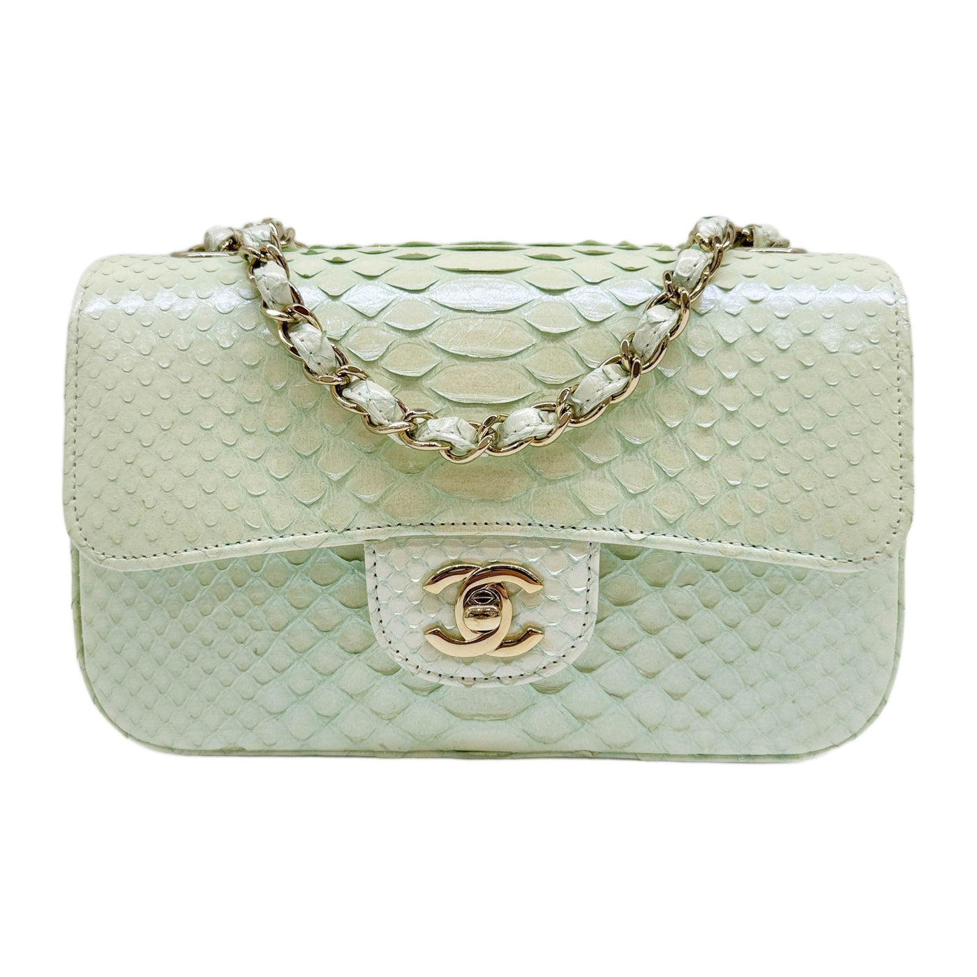 Rectangular Mini Classic Flap 2019 Iridescent Mint Green Python Embossed Leather Shoulder Bag