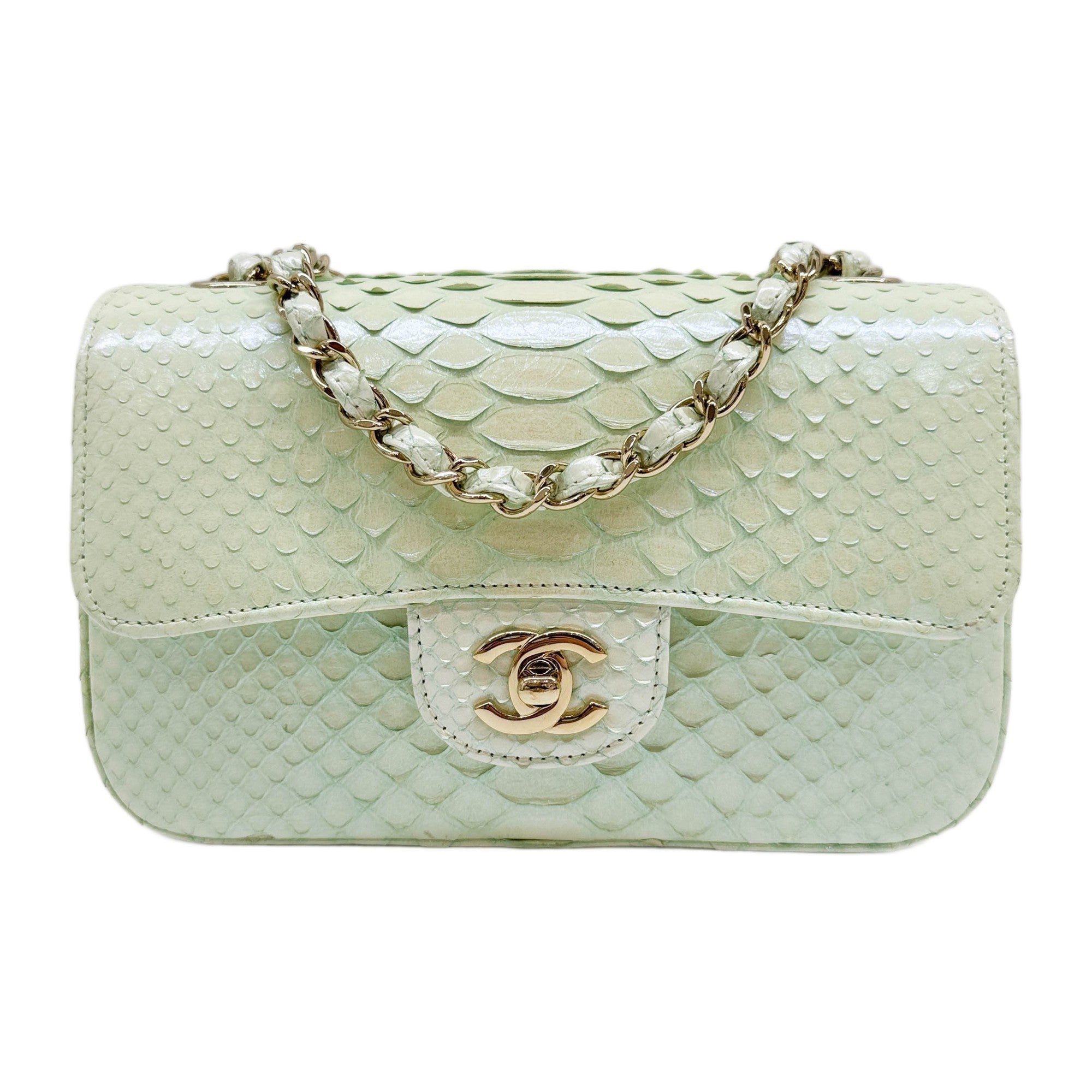 Rectangular Mini Classic Flap 2019 Iridescent Mint Green Python Embossed Leather Shoulder Bag