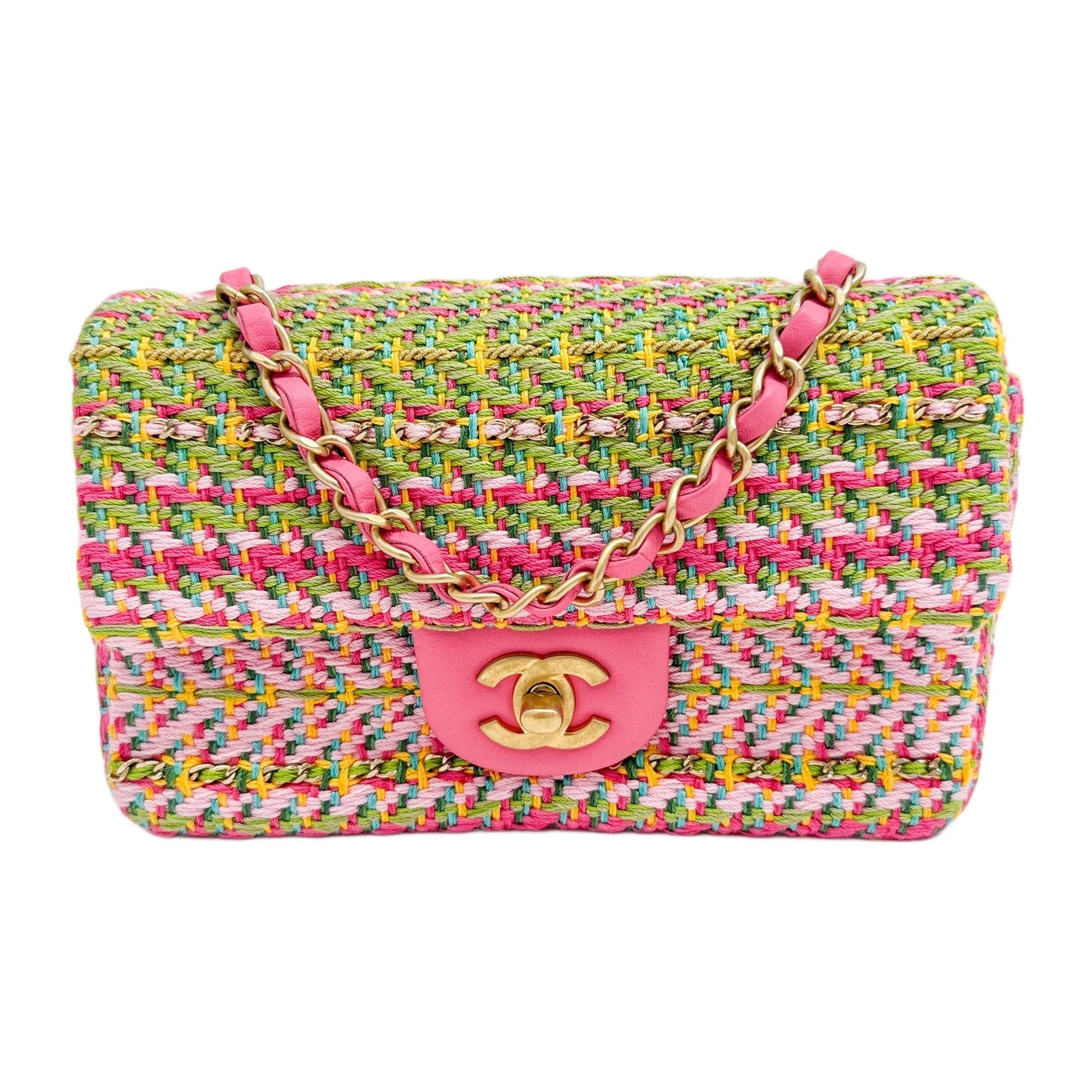Rectangular Mini Classic Flap 2020 Woven Pink & Green Cotton Shoulder Bag