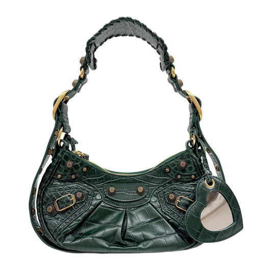 Le Cagole Green Crocodile Embossed Leather Shoulder Bag