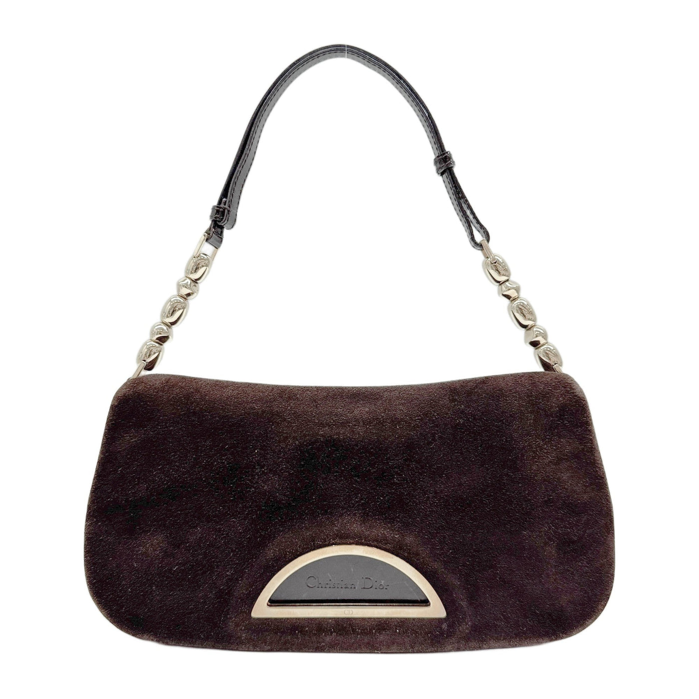 Malice Pearl Gold Hardware Brown Suede Shoulder Bag