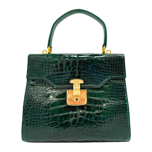 Lady Lock Green Crocodile Embossed Leather Hand Bag