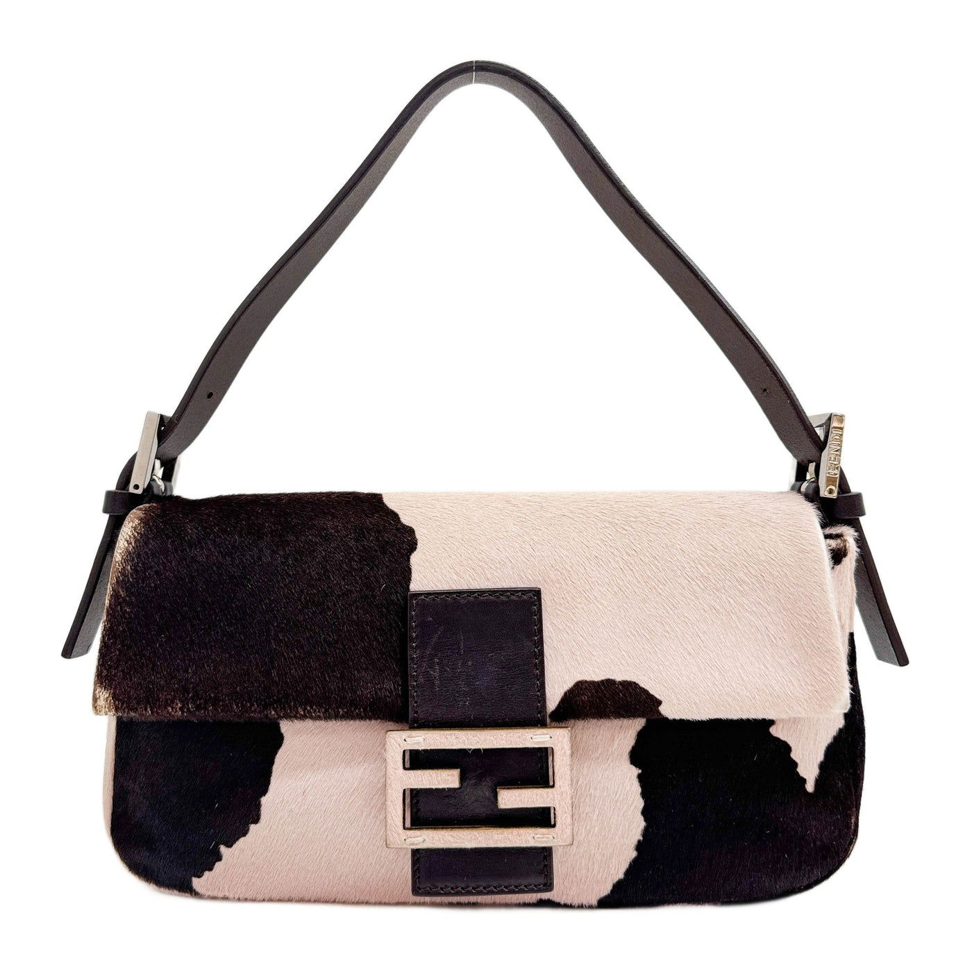 Baguette Pink and Brown Cow Print Pony Hair Shoulder Bag