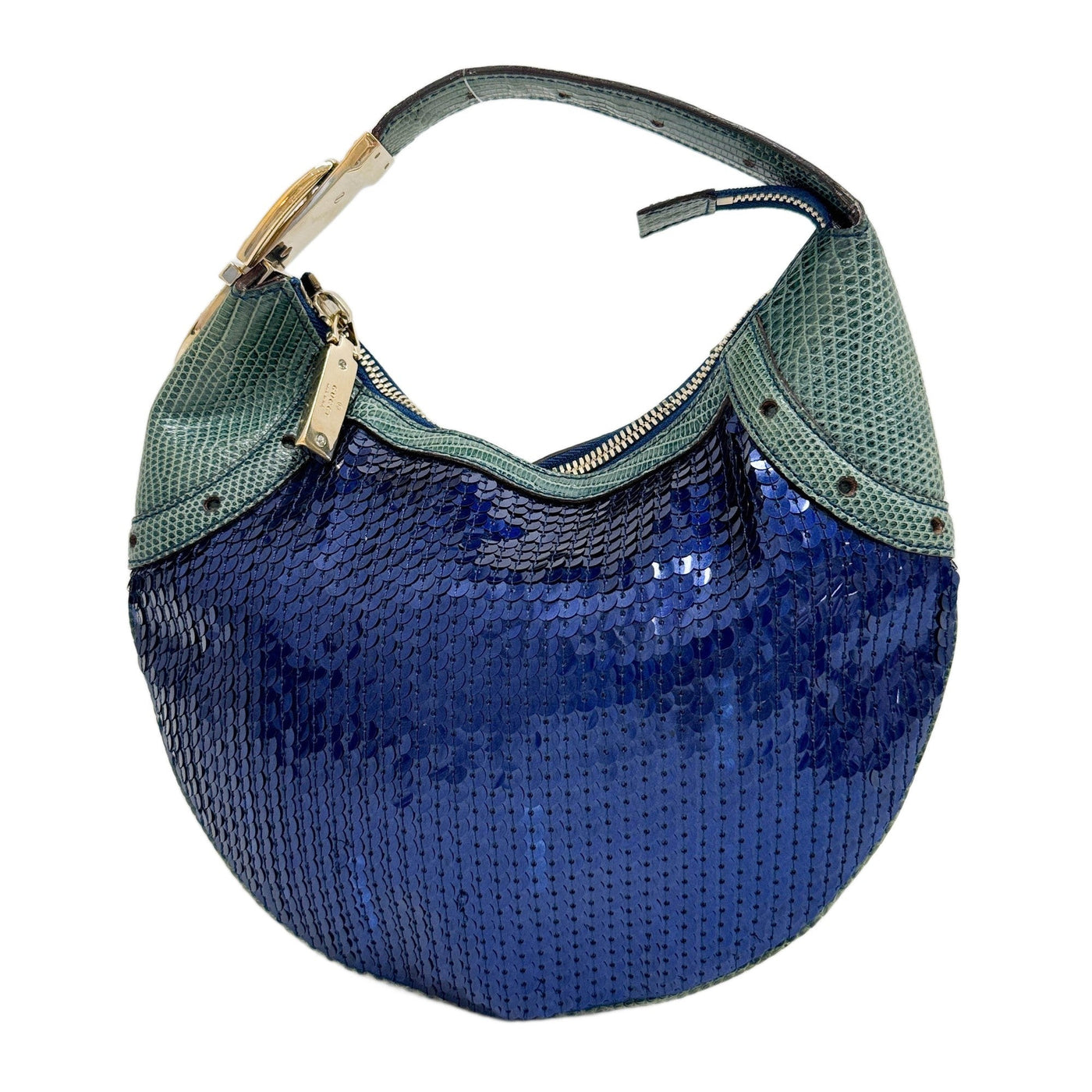 Amalfi Green Lizard Embossed Leather Trim and Blue Sequin Shoulder Bag