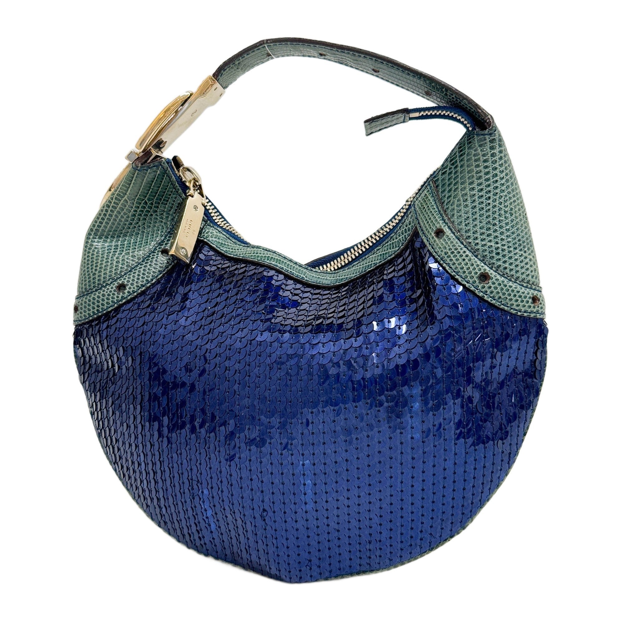 Amalfi Green Lizard Embossed Leather Trim and Blue Sequin Shoulder Bag