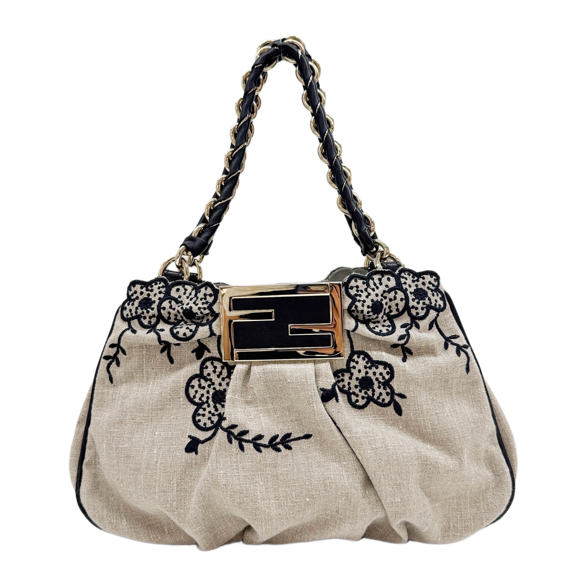 Mia Floral Embroidered Grey Linen Shoulder Bag