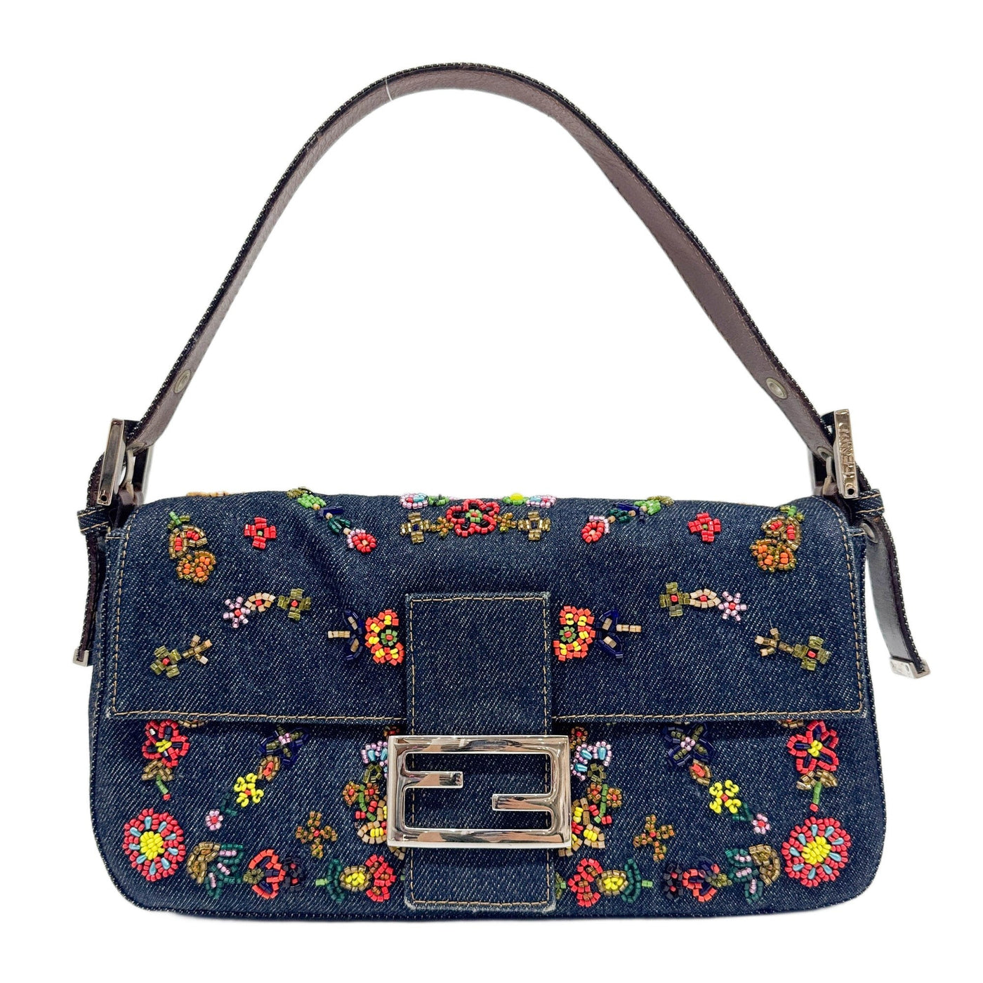 Baguette Floral Embroidered Blue Denim Shoulder Bag