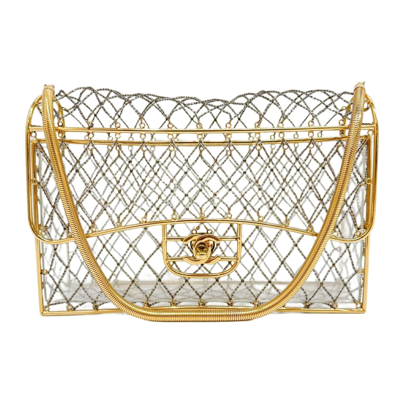 Cage Beaded Gold Frame Clear PVC Shoulder Bag