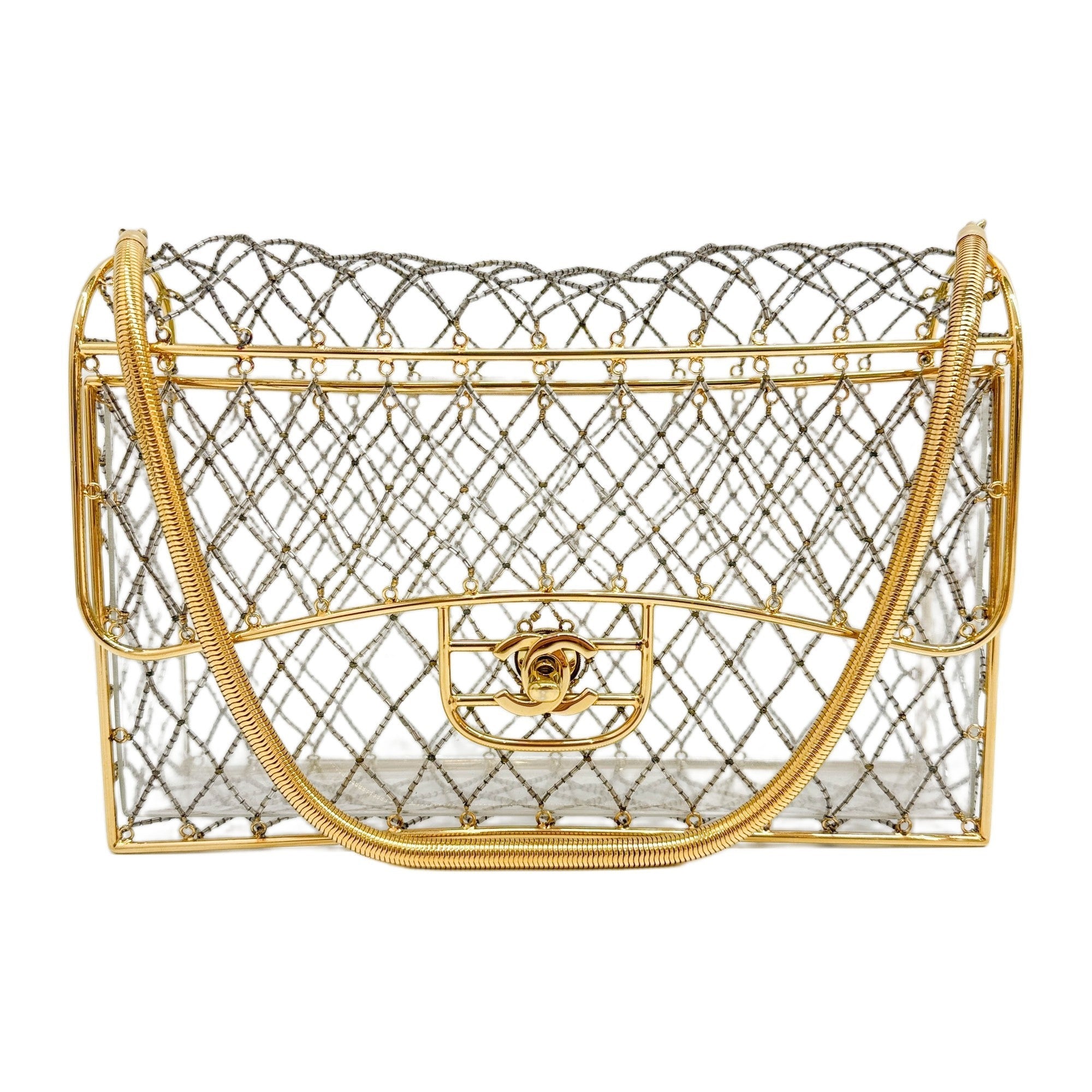 Cage Beaded Gold Frame Clear PVC Shoulder Bag