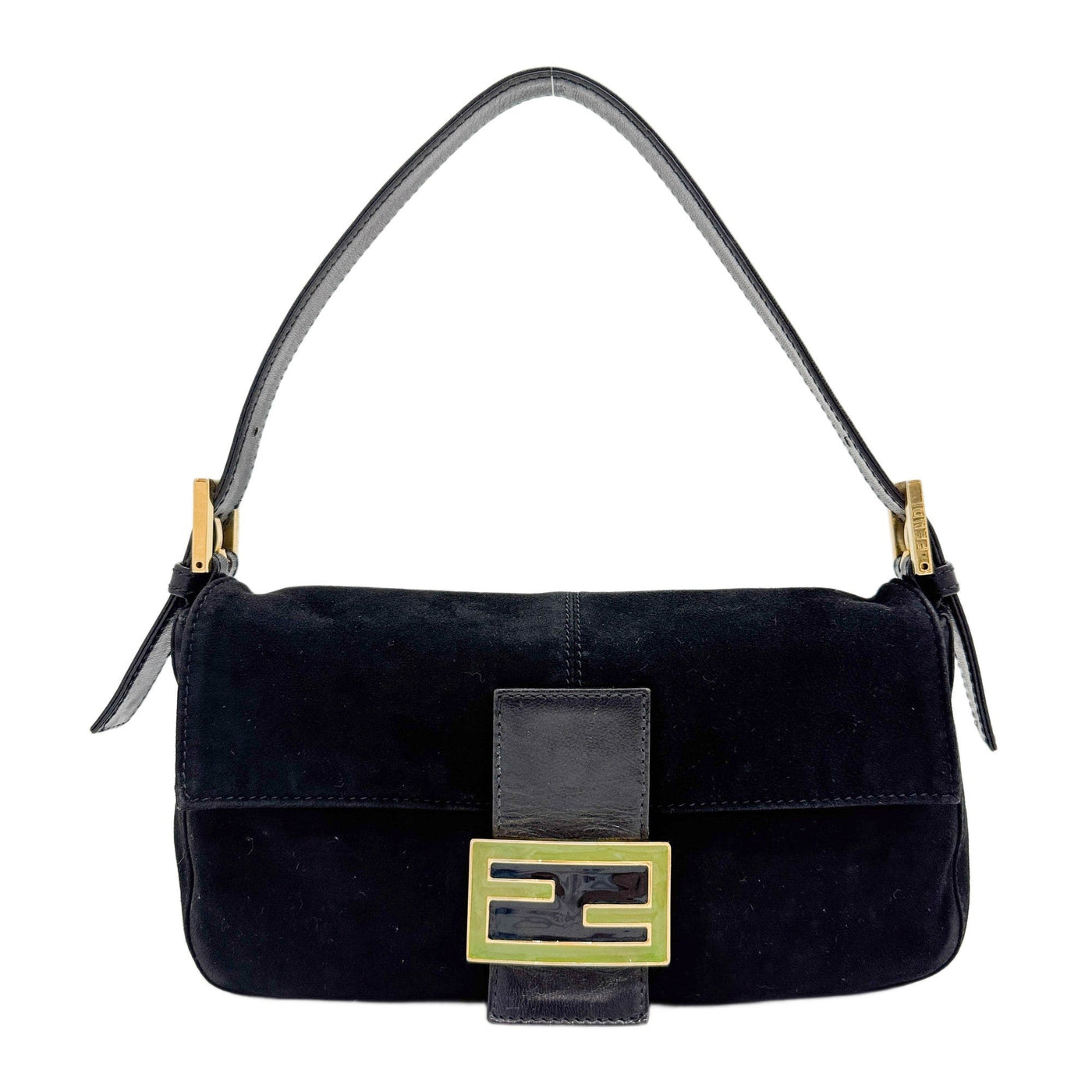 Baguette Black Suede Green Buckle Shoulder Bag
