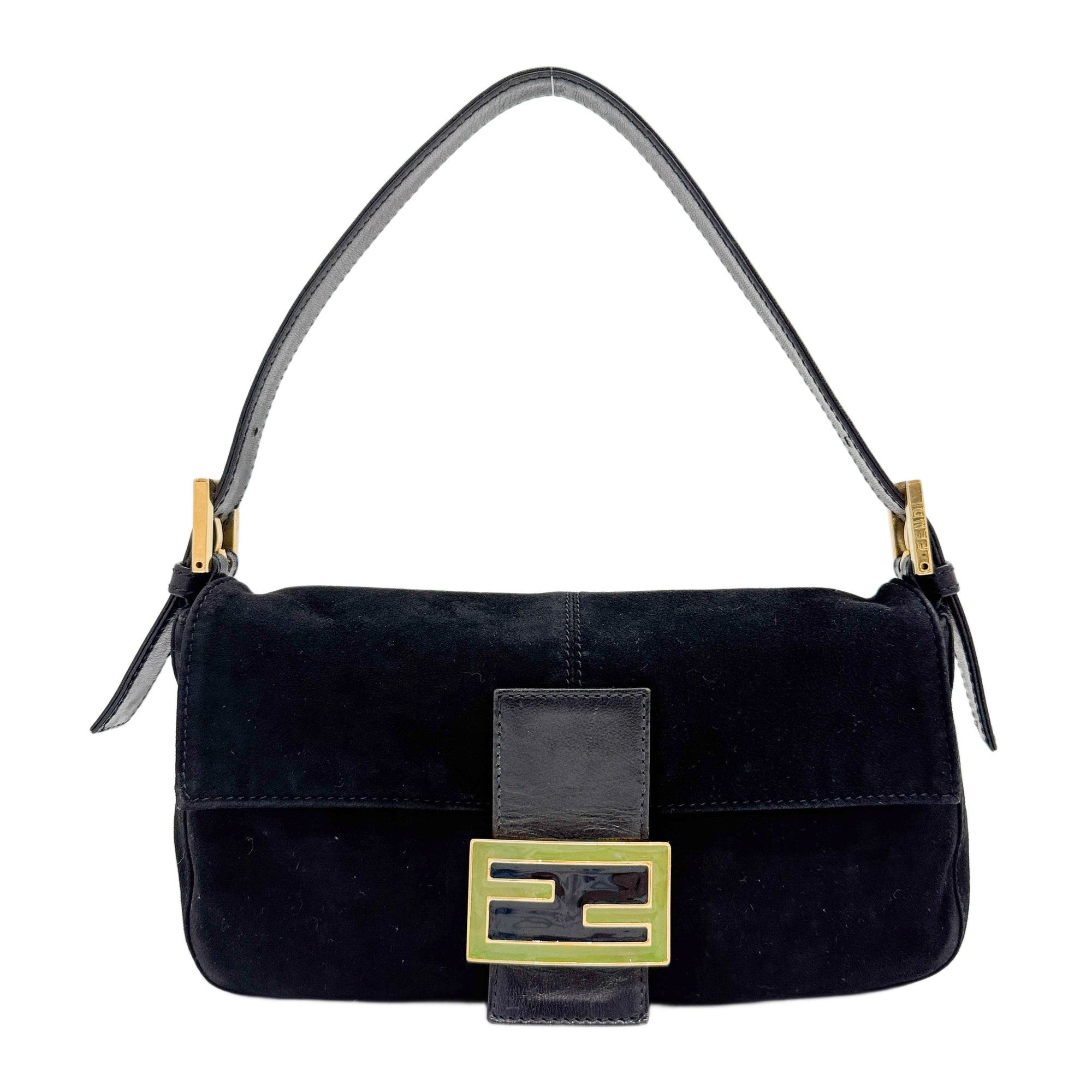 Baguette Black Suede Green Buckle Shoulder Bag