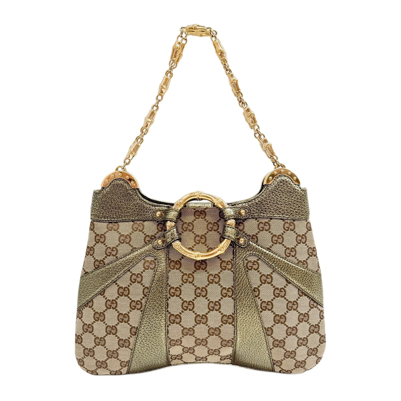 Bamboo Ring GG Brown Canvas with Gold Leather Shoulder Bag