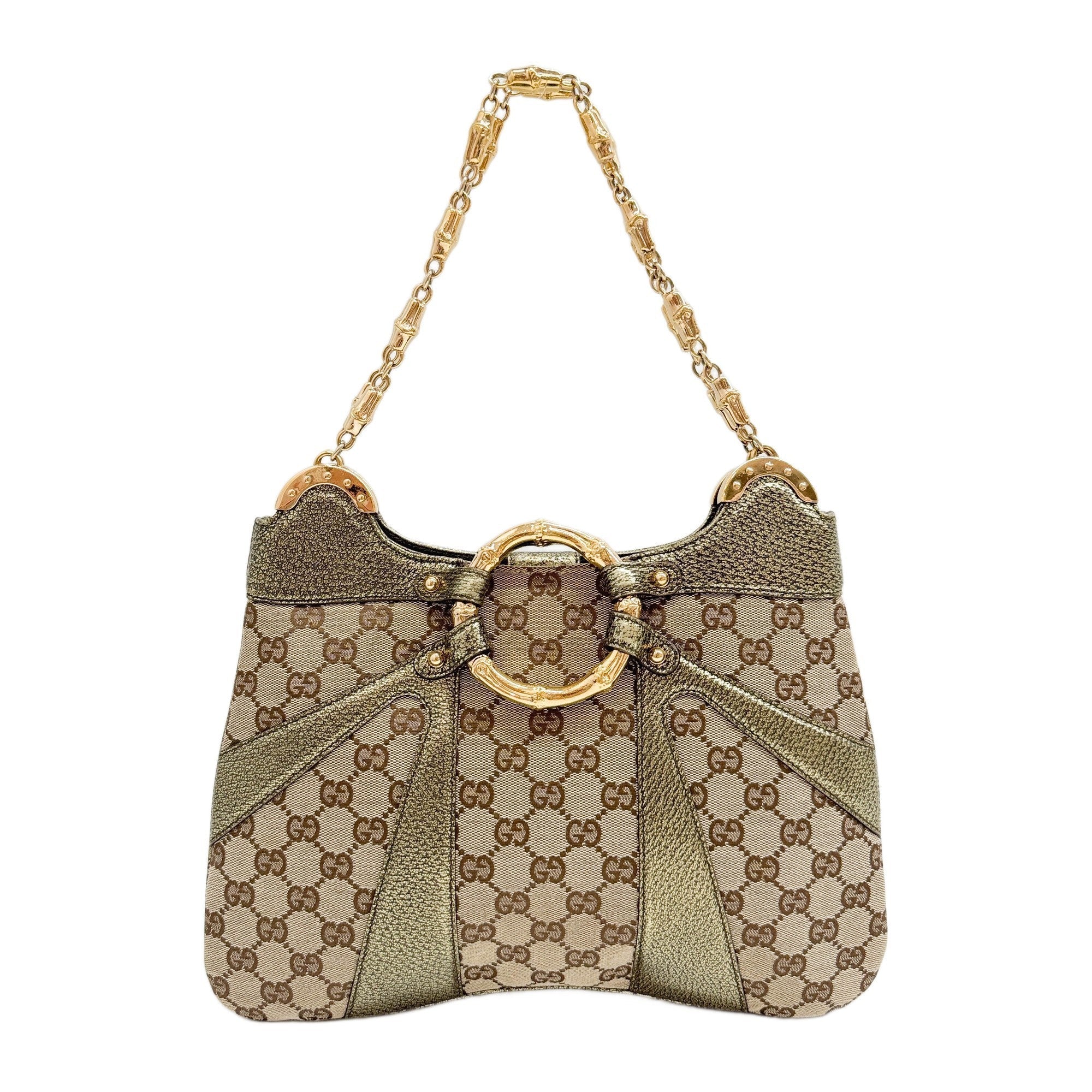 Bamboo Ring GG Brown Canvas with Gold Leather Shoulder Bag