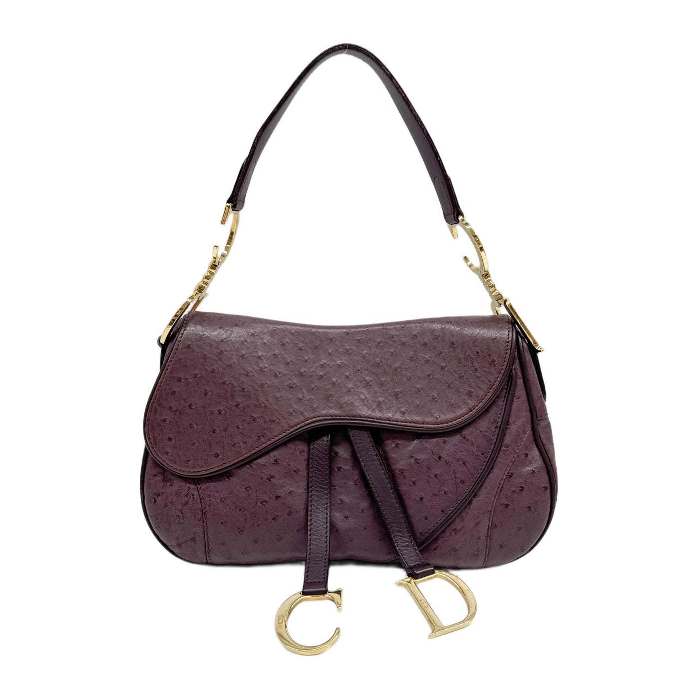 Double Saddle Purple Embossed Ostrich Leather Shoulder Bag