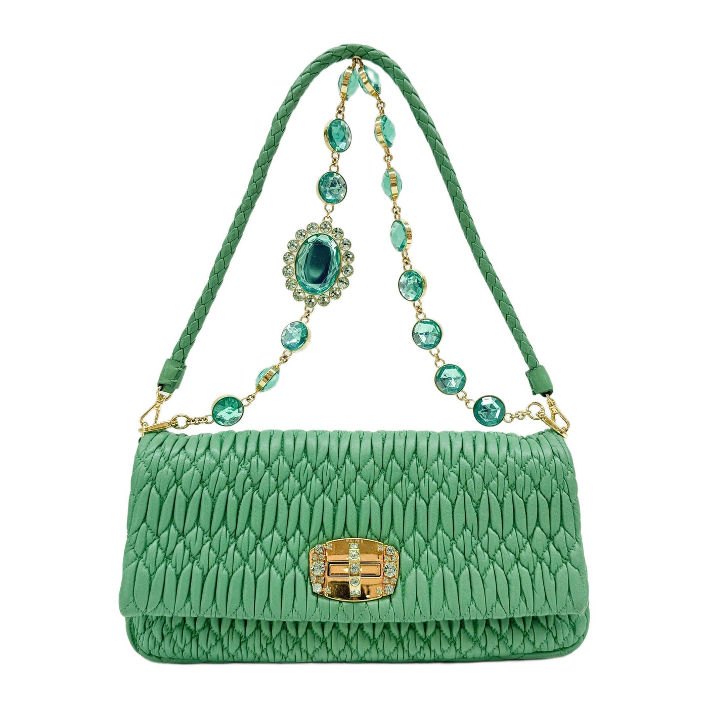 Miu Crystal Matelasse Green Nappa Leather Shoulder Bag