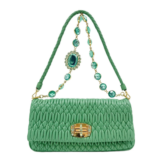 Miu Crystal Matelasse Green Nappa Leather Shoulder Bag