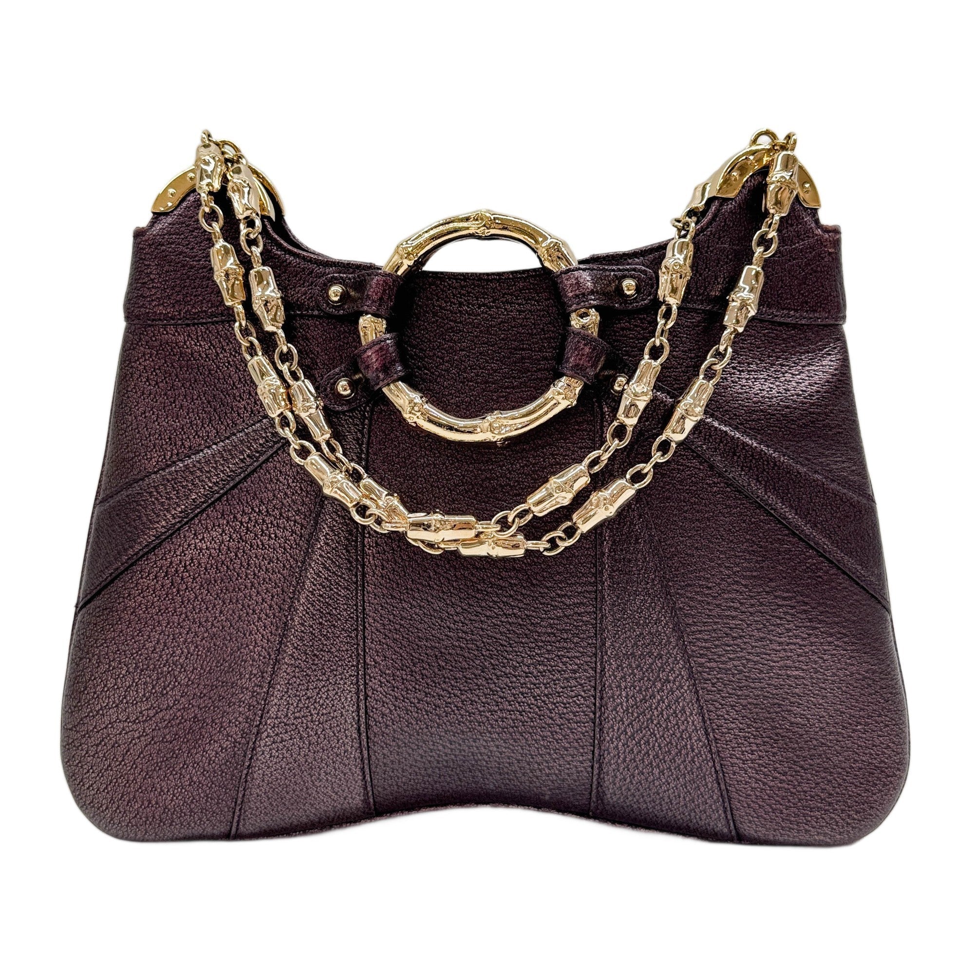 Bamboo Chain Metallic Purple Leather Shoulder Bag