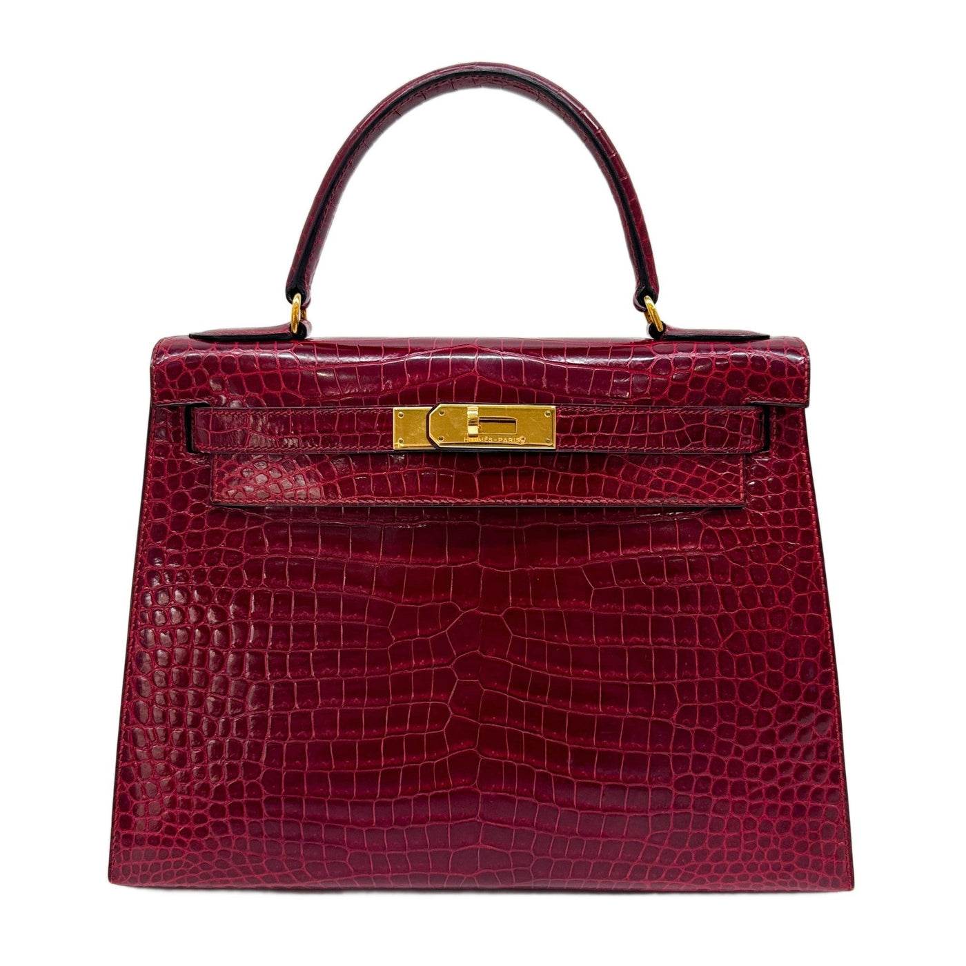 Kelly 28 1989 Ruby Red Crocodile Embossed Leather Hand Bag