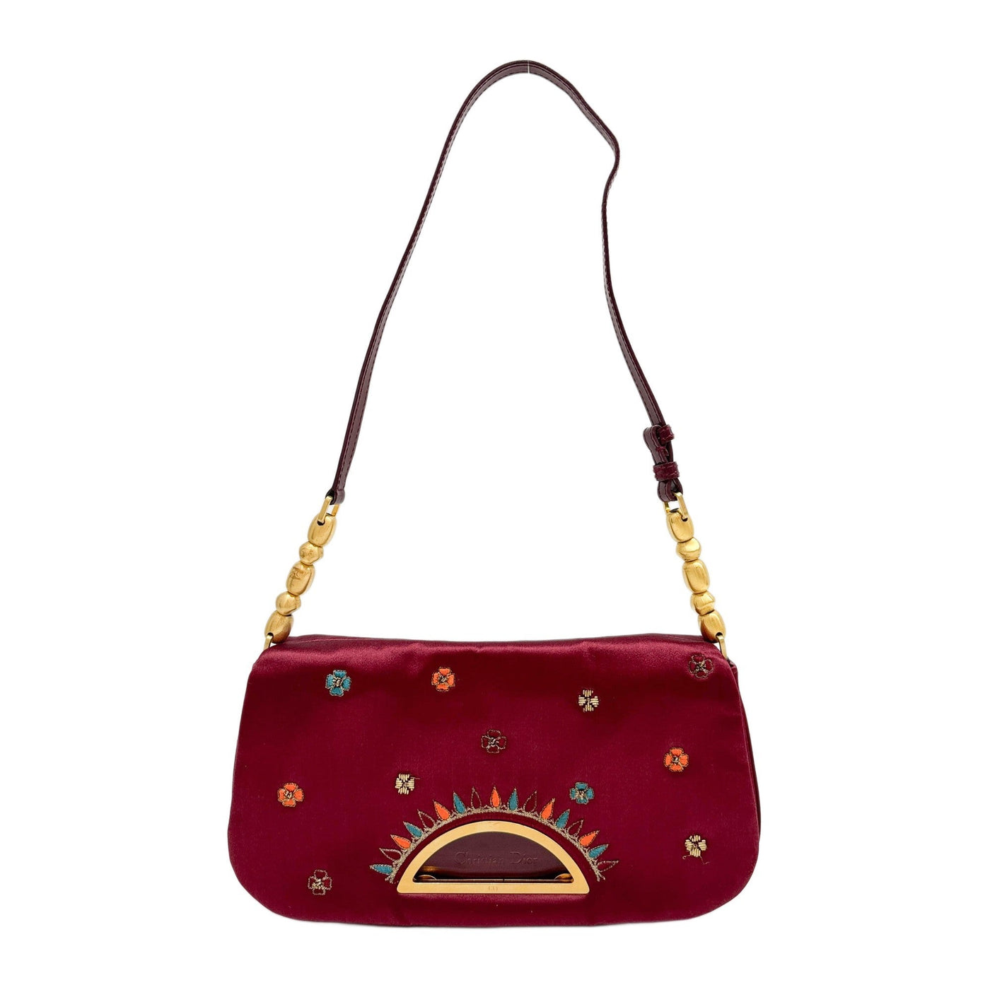 Malice Pearl Floral Embroidered Bordeaux Red Satin Shoulder Bag