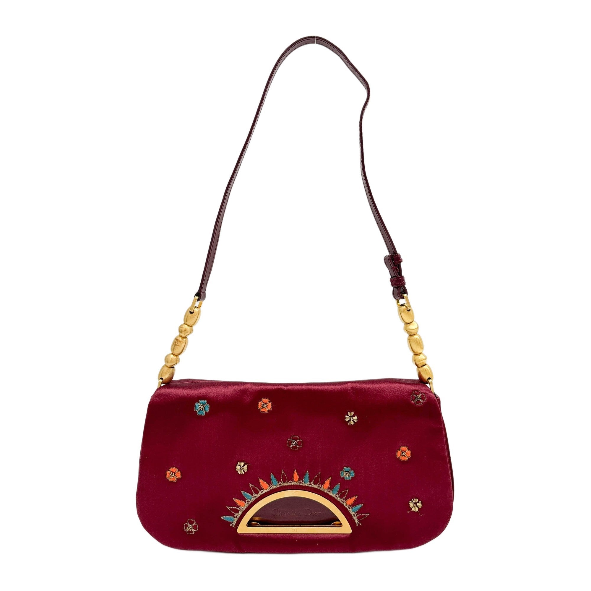 Malice Pearl Floral Embroidered Bordeaux Red Satin Shoulder Bag