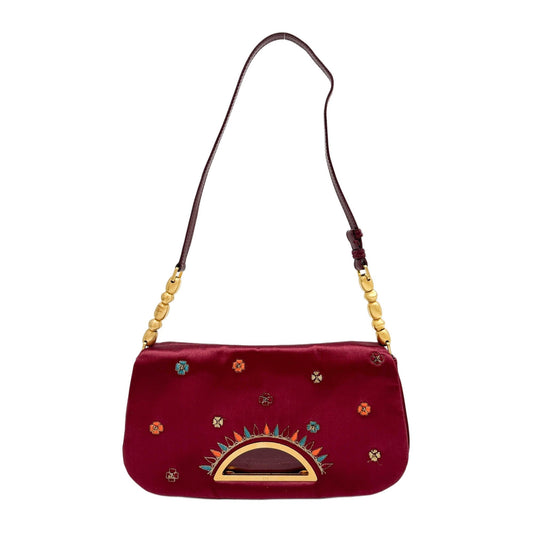 Malice Pearl Floral Embroidered Bordeaux Red Satin Shoulder Bag