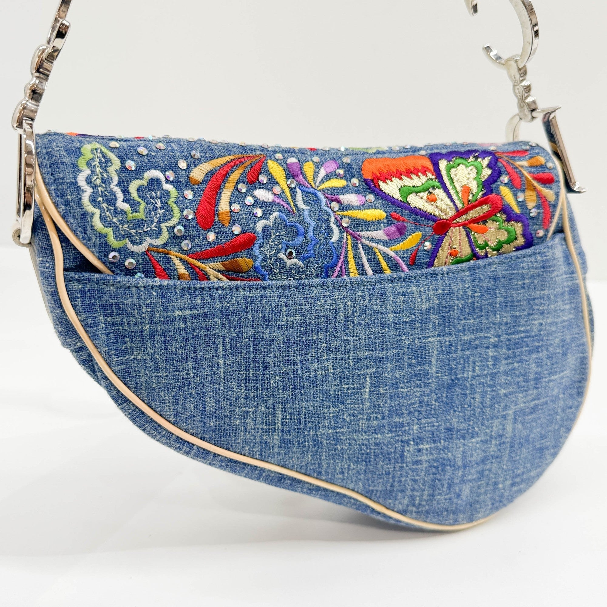 DIOR Saddle Butterfly Embroidered and Bedazzled Blue Denim