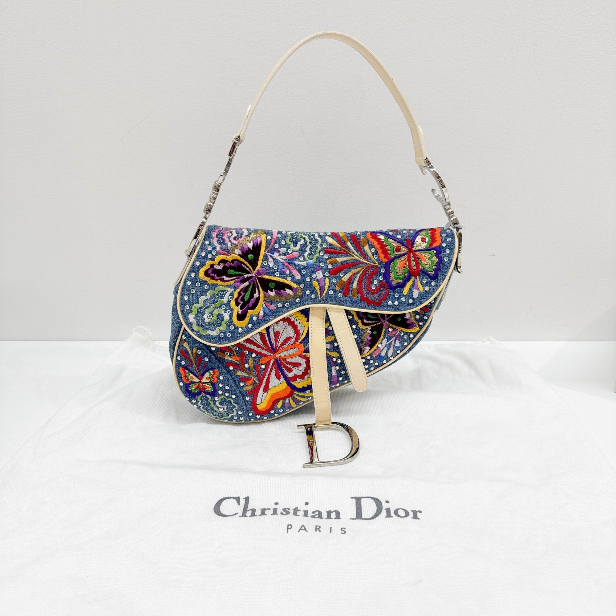 DIOR Saddle Butterfly Embroidered and Bedazzled Blue Denim