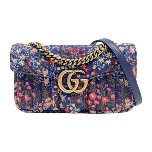 GG Marmont Quilted Blue Floral Cotton Fabric Shoulder Bag