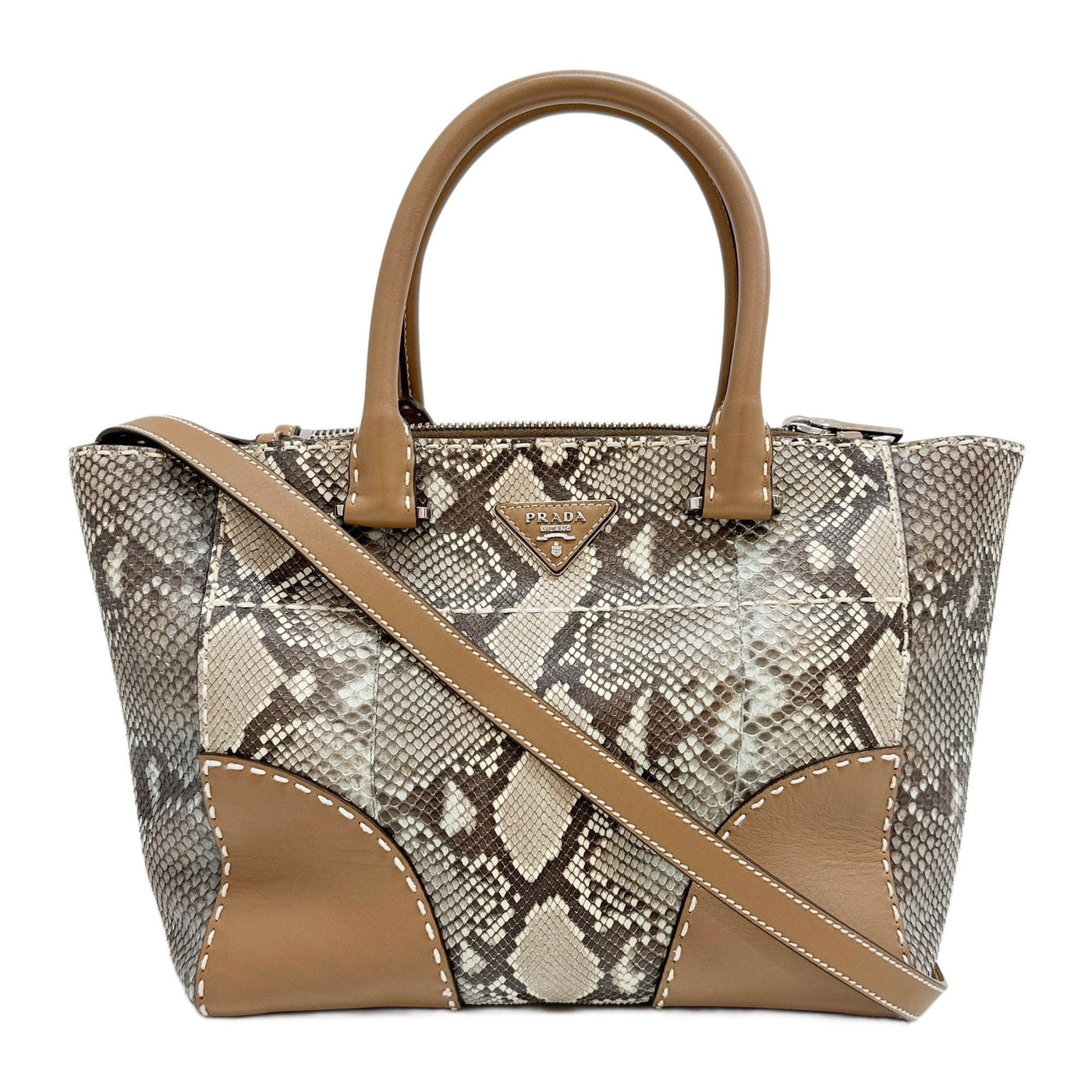 Twin Zipped City Hand-Stitched Brown Embossed Python Leather Tote Bag