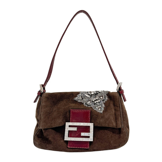 Mini Mamma Baguette Brown Suede Silver Embroidery Handle Bag