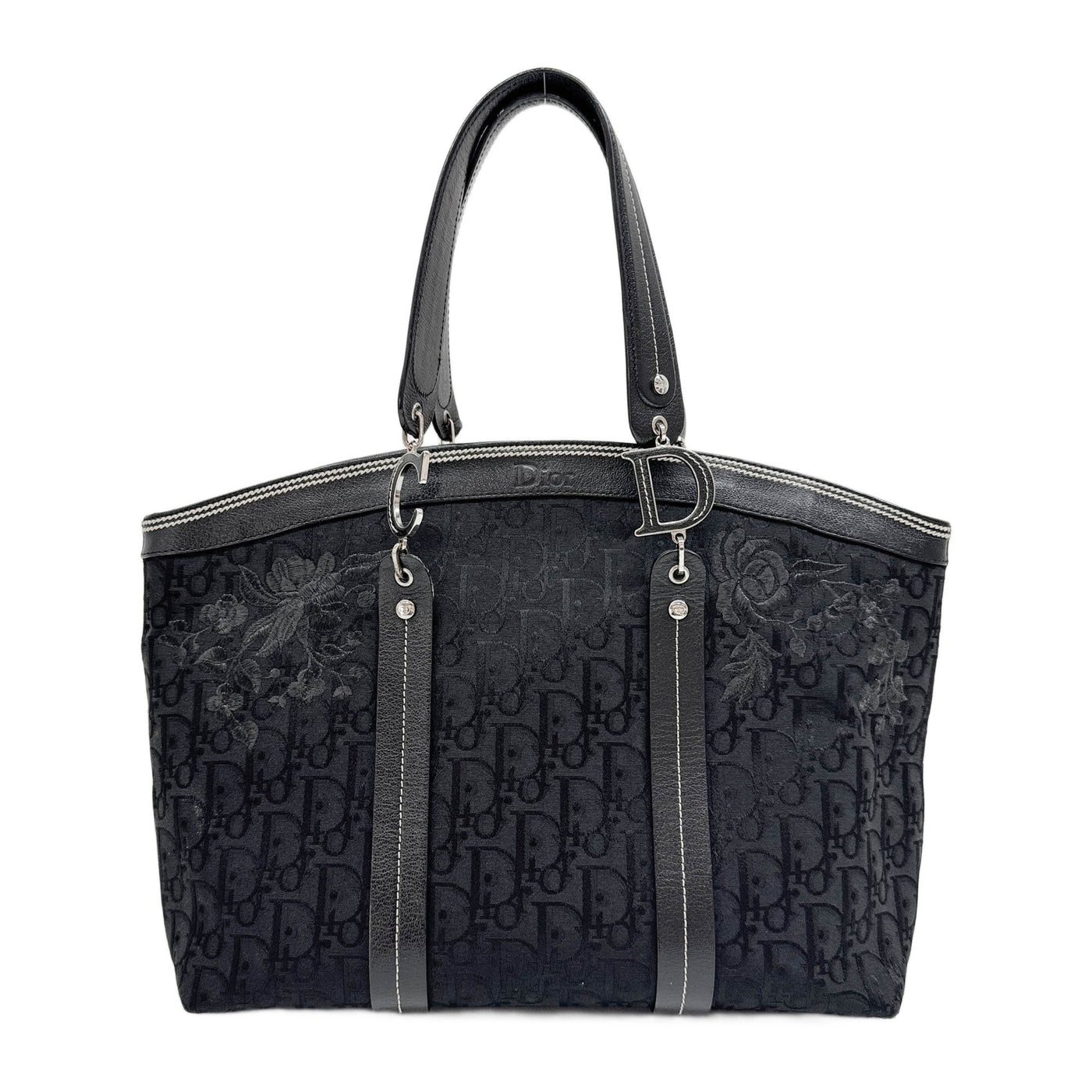Flower Embroidered Black Trotter Canvas Tote Bag