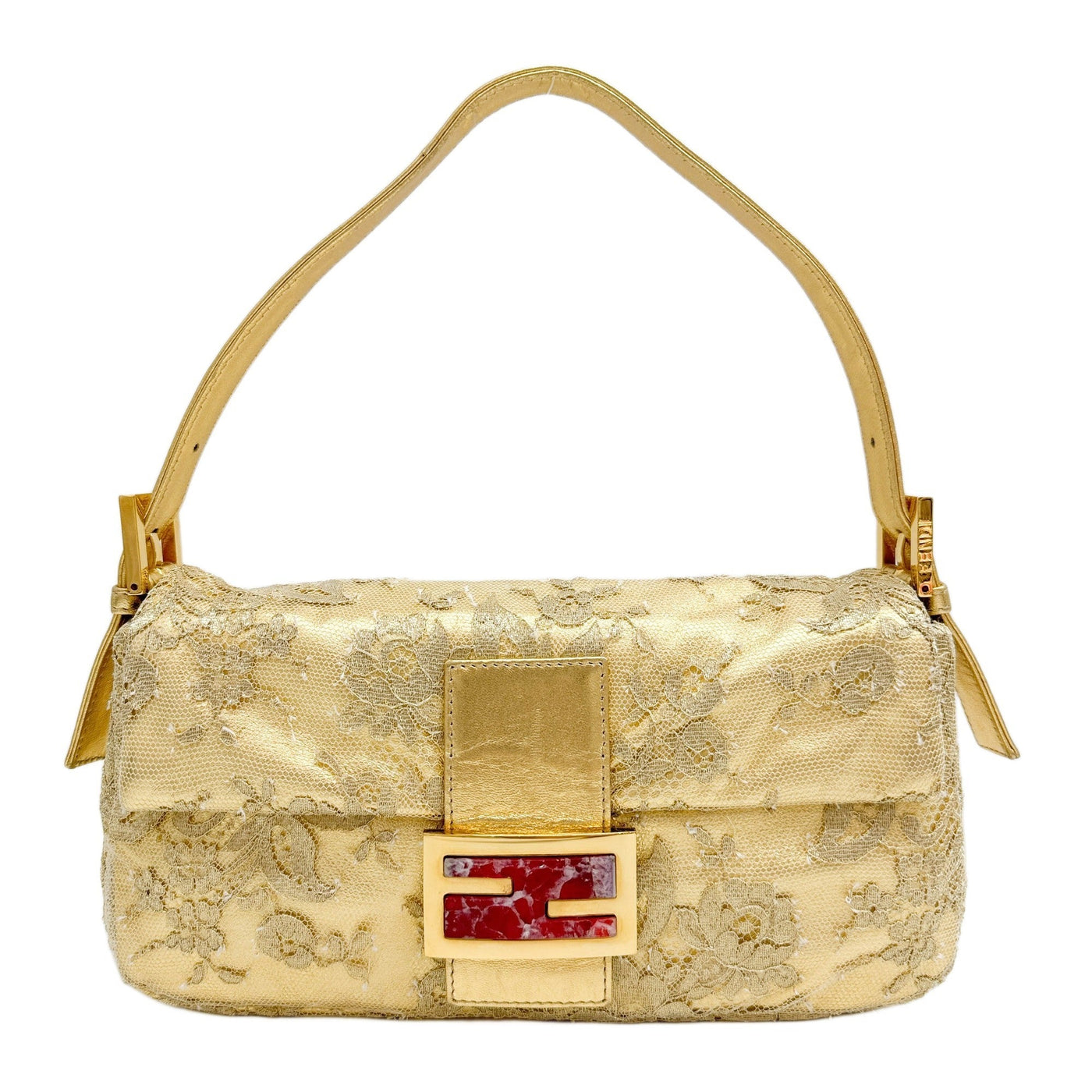 Baguette Embroidered Floral Mesh Gold Leather Shoulder Bag