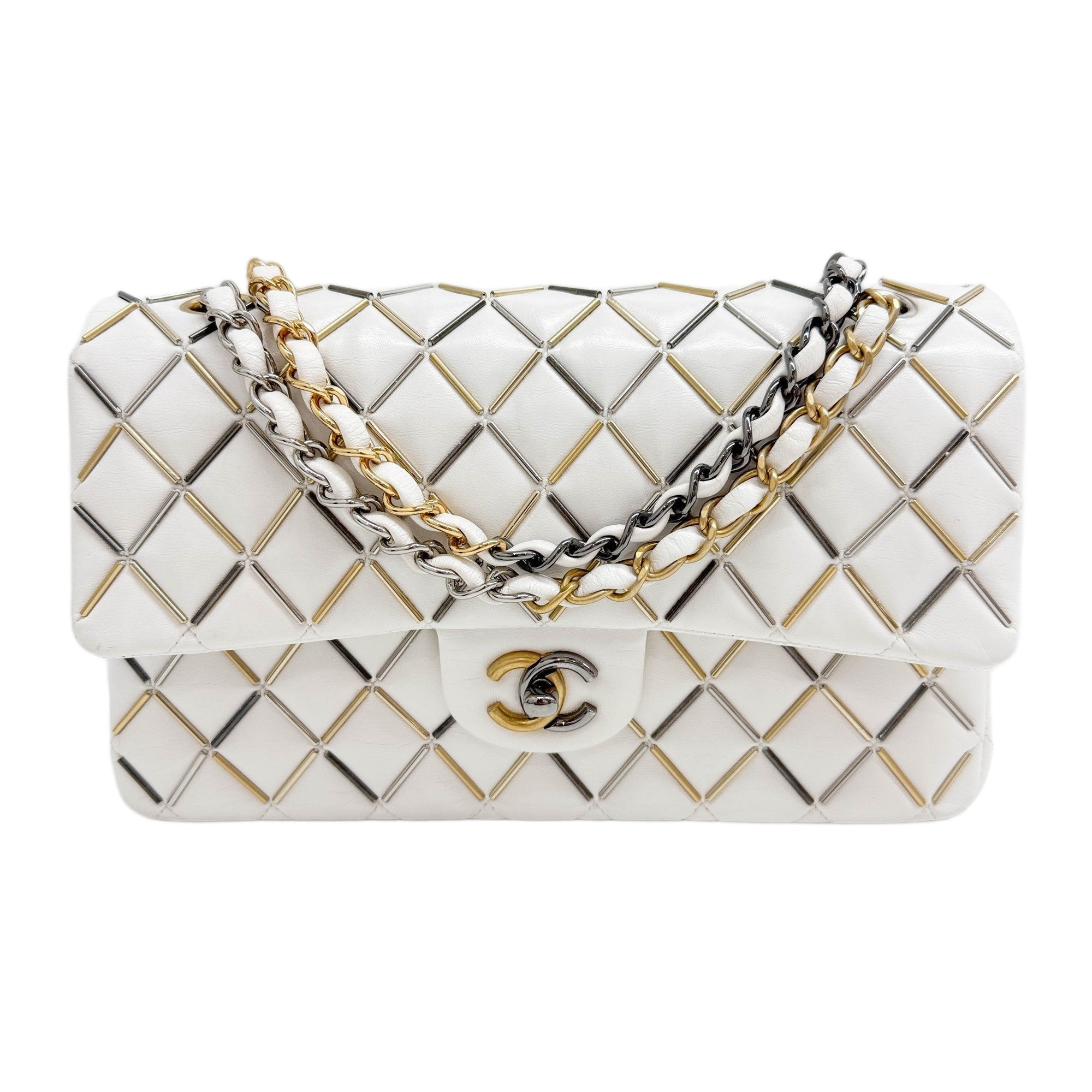 Classic Double Flap 2020 Matelasse White with Silver & Gold Hardware Leather Shoulder Bag