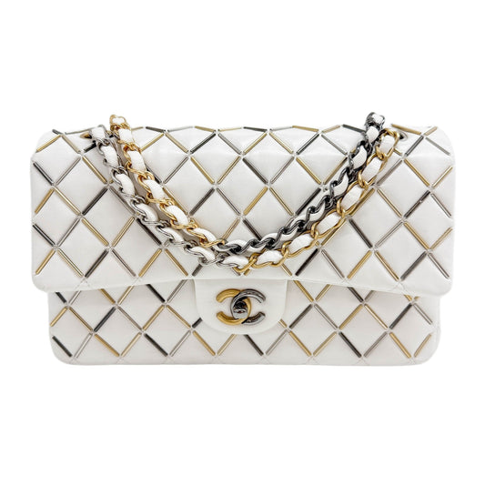 Classic Double Flap 2020 Matelasse White with Silver & Gold Hardware Leather Shoulder Bag