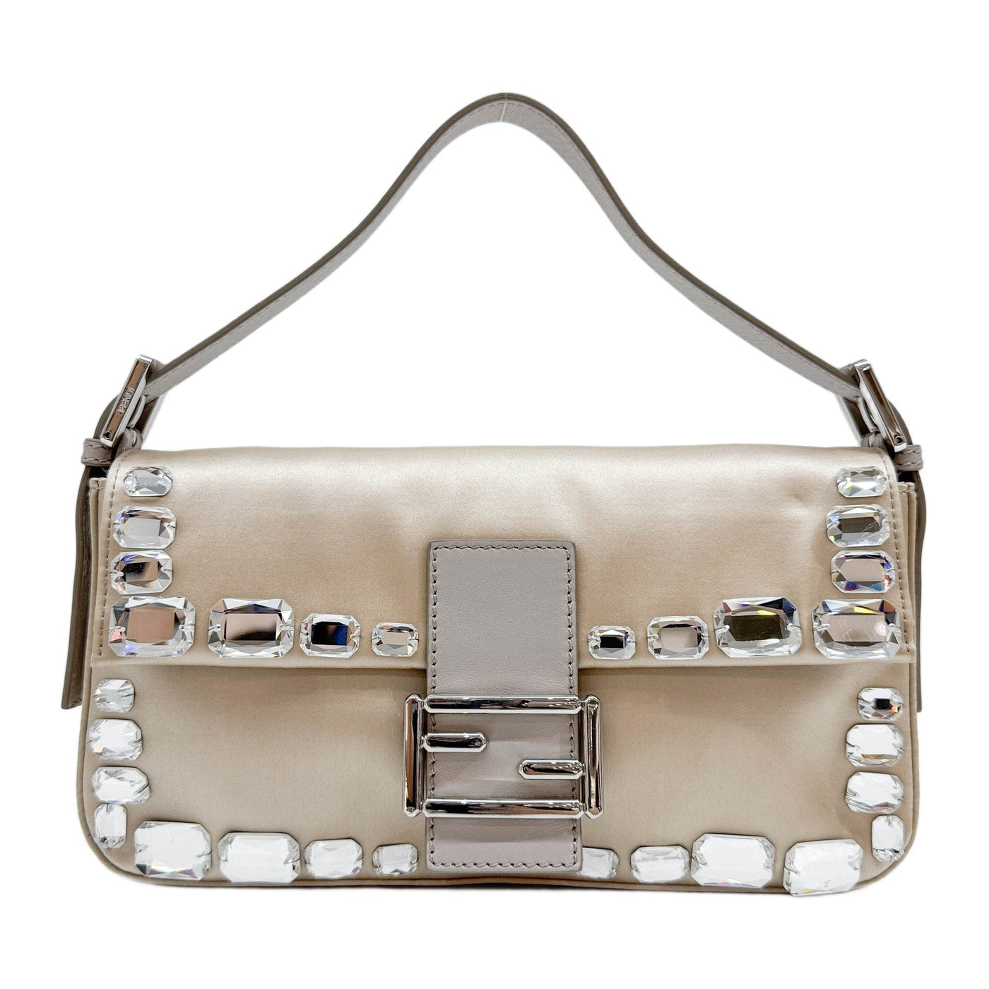 Baguette Rhinestone Embroidered White Gold Satin Shoulder Bag