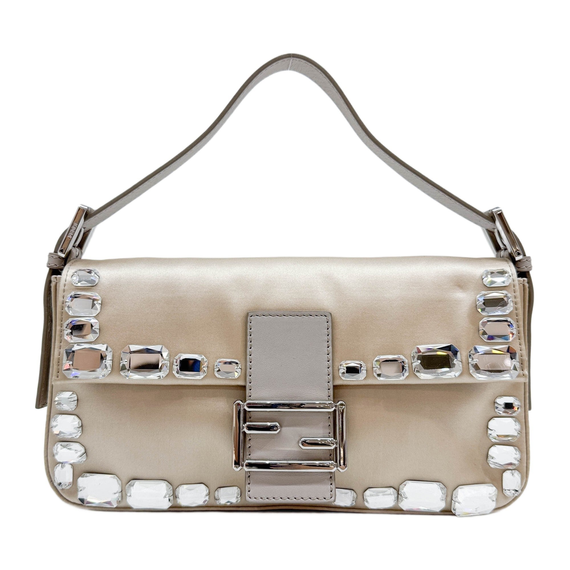 Baguette Rhinestone Embroidered White Gold Satin Shoulder Bag