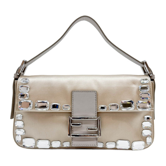 Baguette Rhinestone Embroidered White Gold Satin Shoulder Bag
