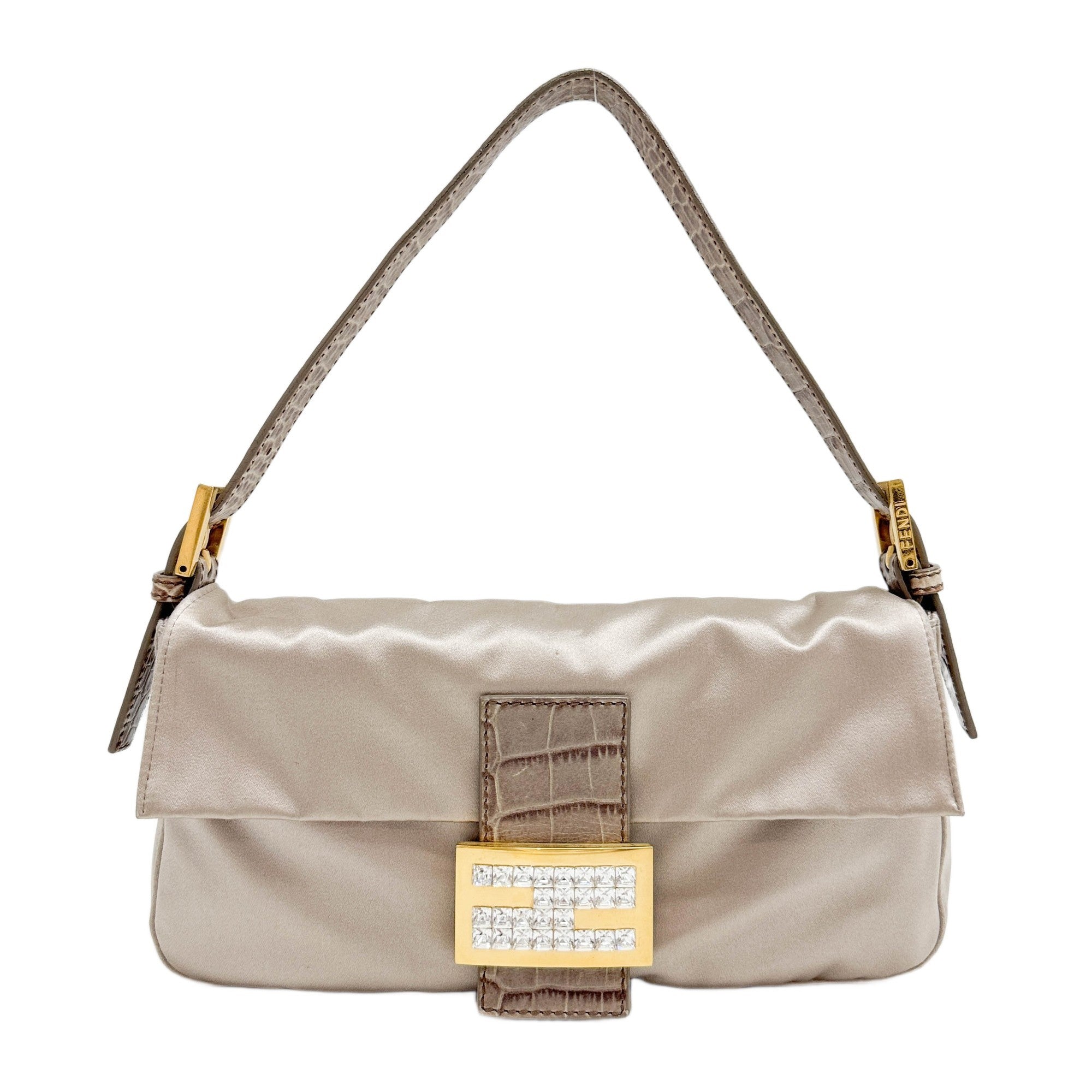 Baguette Silver Satin with Python Embossed Leather Shoulder Bag