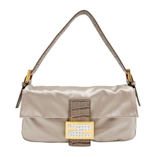 Baguette Silver Satin with Python Embossed Leather Shoulder Bag