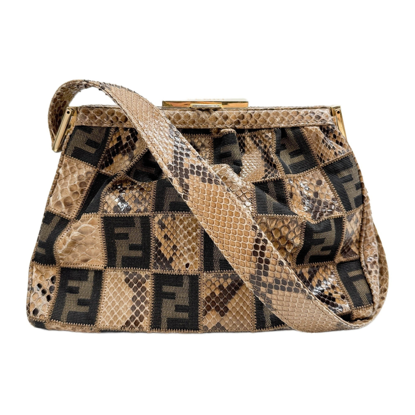 Checkered Patchwork Brown Zucca Canvas and Embossed Python Leather Shoulder Bag