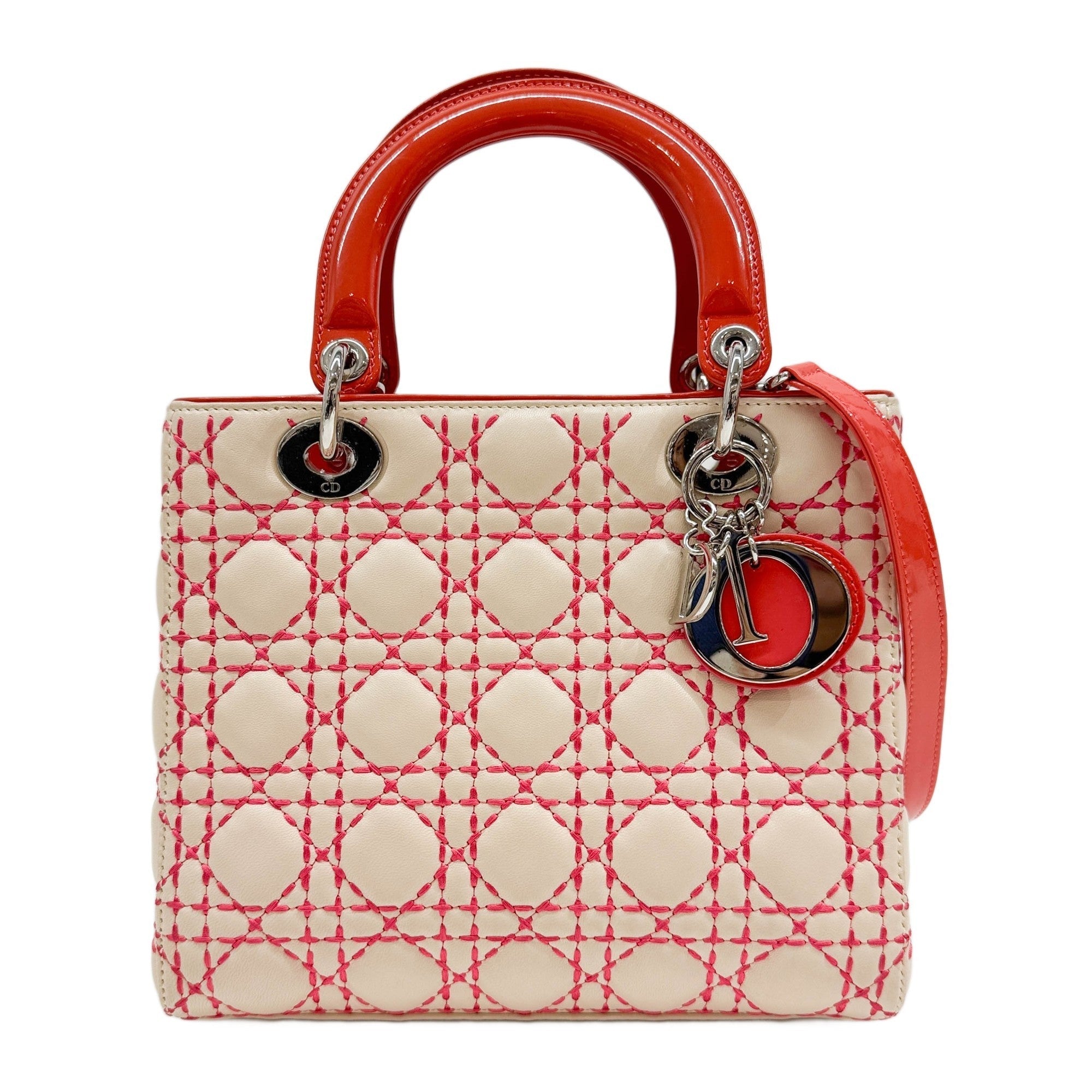Lady Dior Embroidered Cannage Beige Leather Two Way Bag