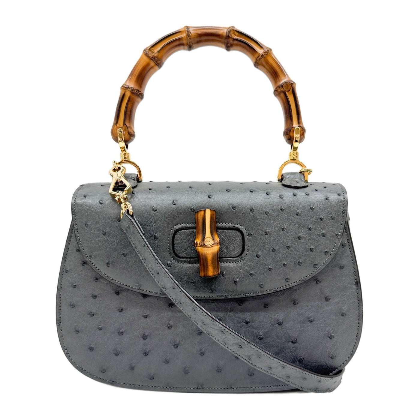 Bamboo Steel Grey Embossed Ostrich Leather Two Way Bag