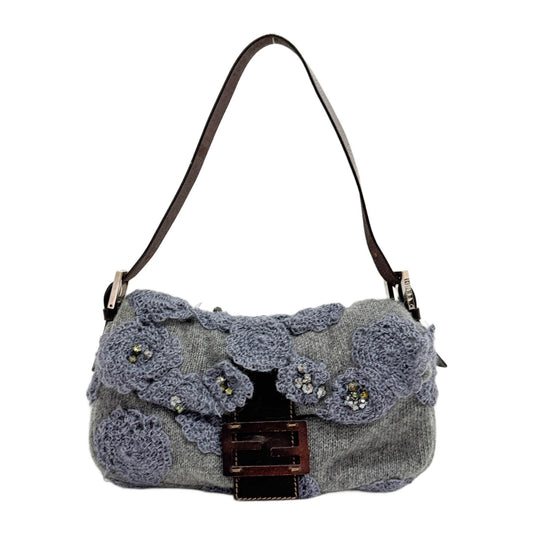 Baguette Embroidered Detail Grey Cashmere Shoulder Bag