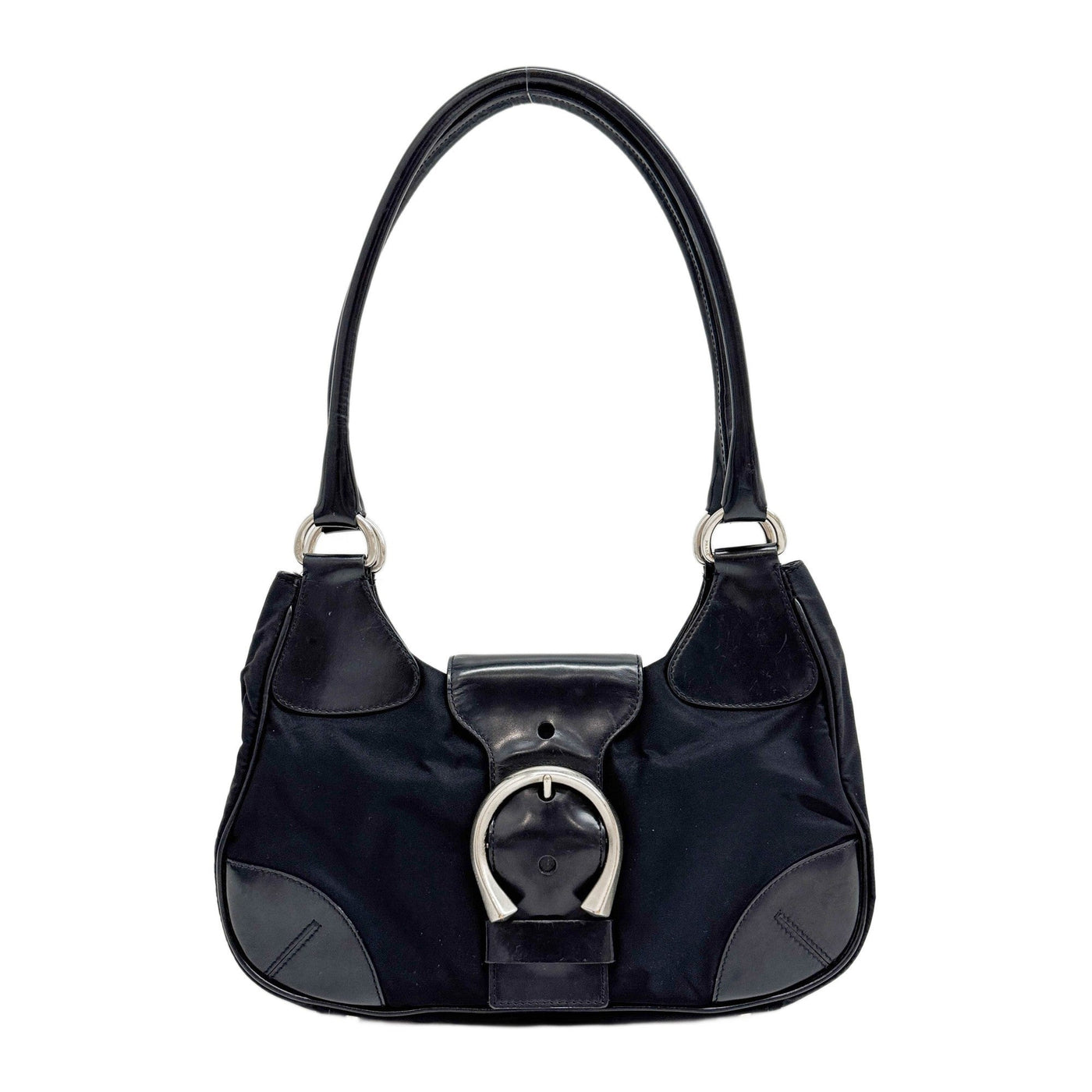 Moon Leather Trim Black Nylon Shoulder Bag