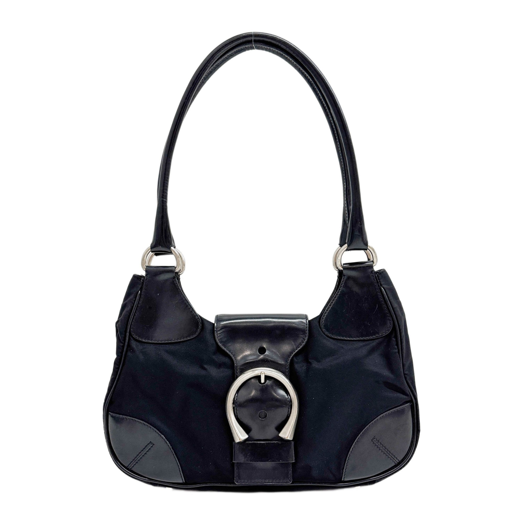 Moon Leather Trim Black Nylon Shoulder Bag