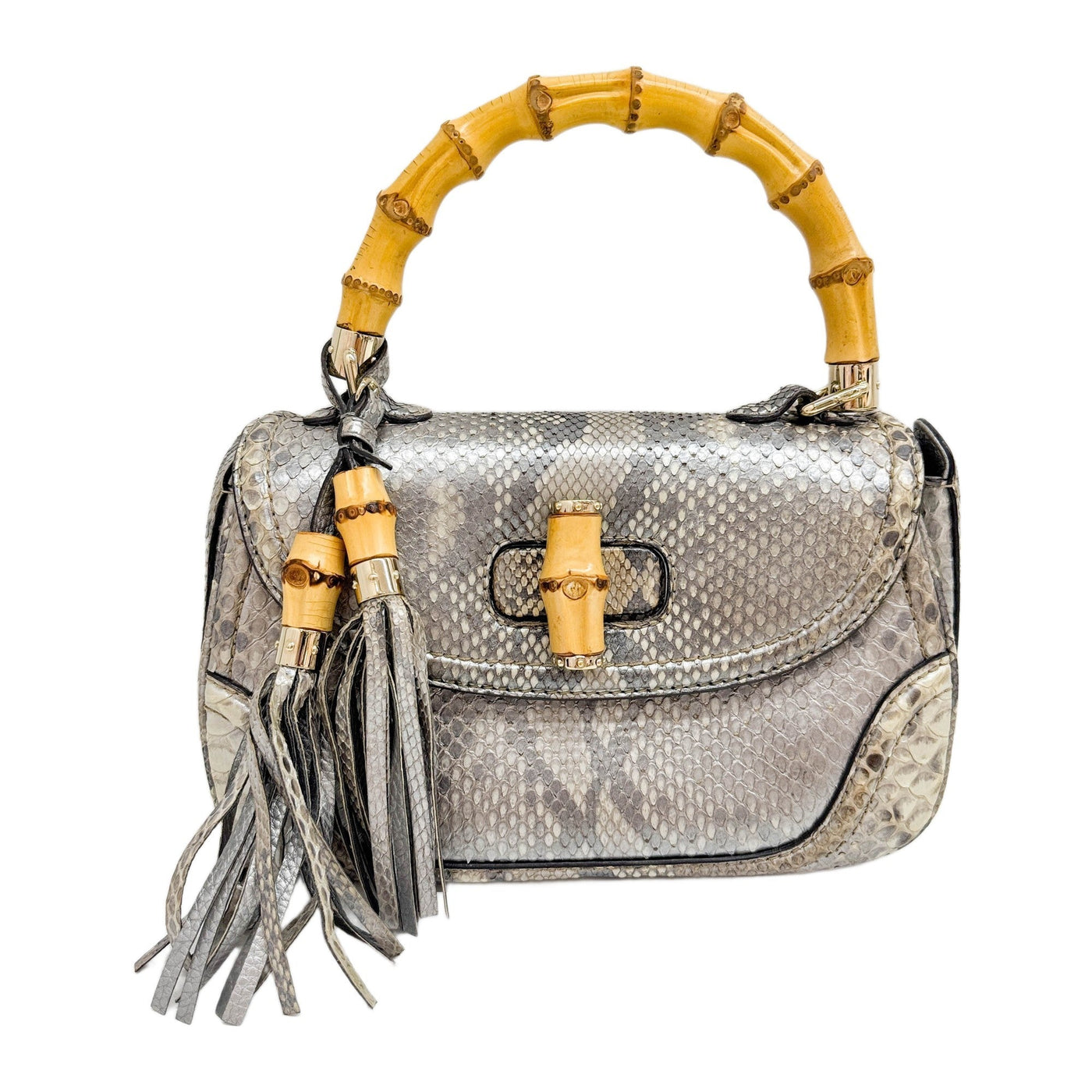 New Bamboo Convertible Top Handle Metallic Grey Embossed Python Leather Two Way Bag