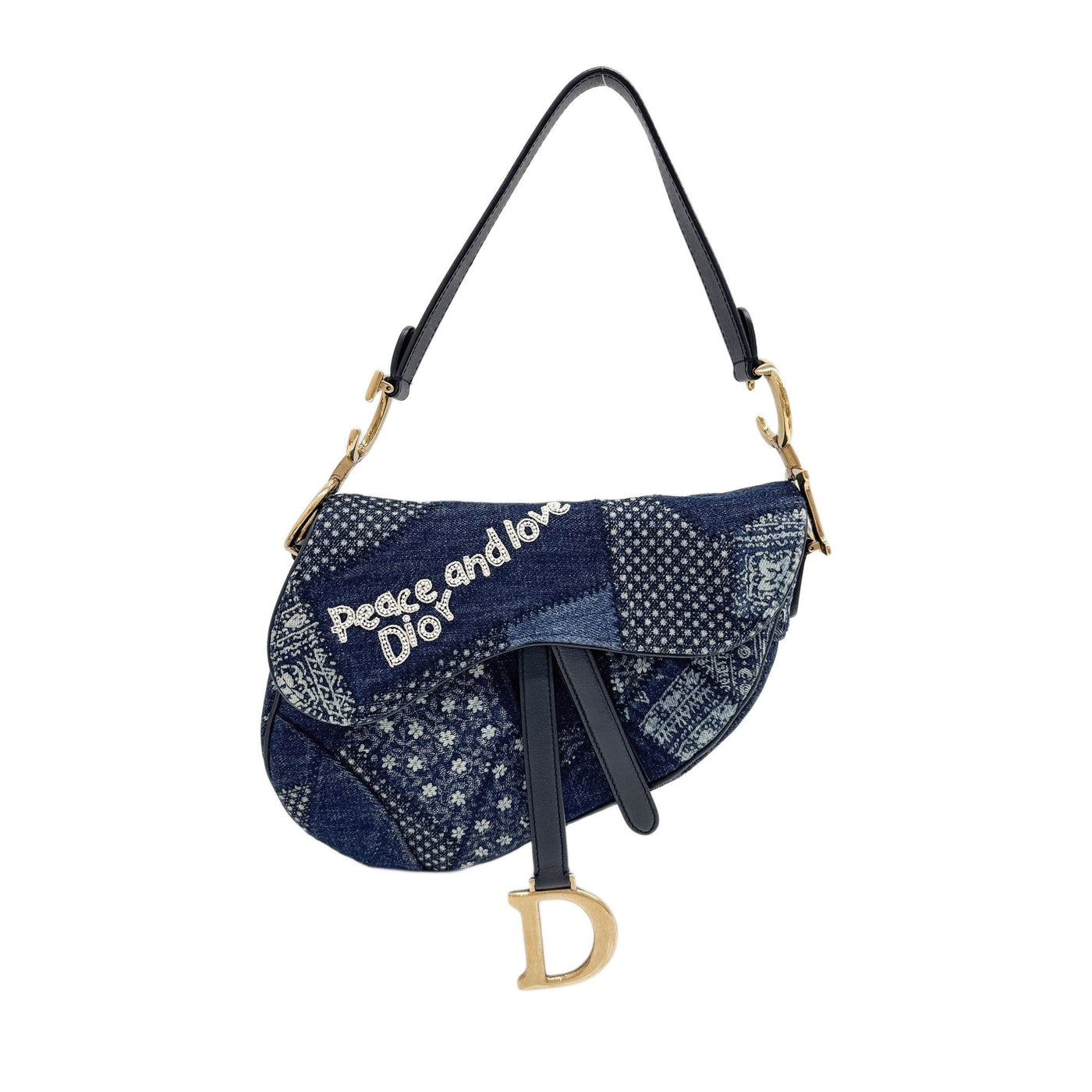 Saddle "Peace and Love" Patchwork Blue Denim Shoulder Bag